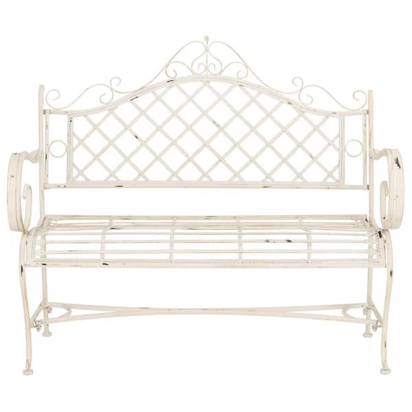 SAFAVIEH Abner 45.7 in. 2-Person Antique White Iron Outdoor Bench