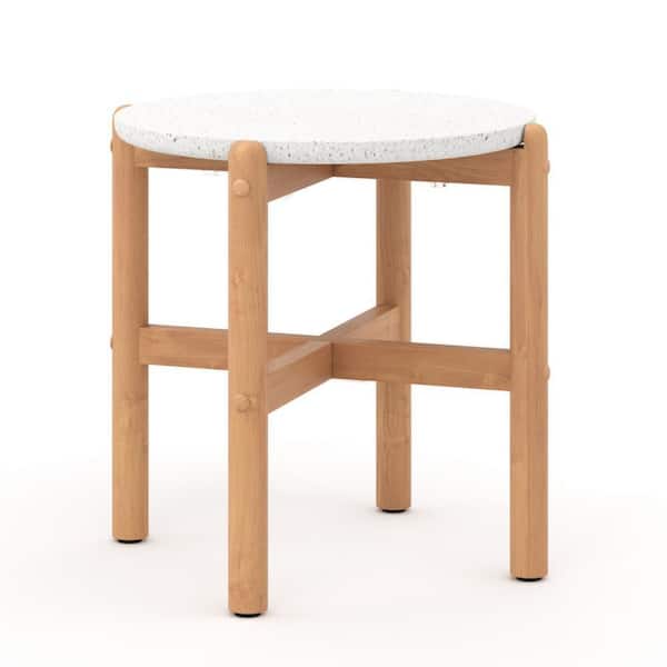 Benjara Brown and Beige Round Wood Patio Outdoor End Table with Floor Protectors