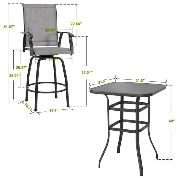 Black 5-Piece Metal and Textilene Outdoor Patio Bar Set with Swivel Bar Stools
