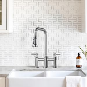 Double Handle Bridge Kitchen Faucet with Pull-Down Spray Head, Deck Mount 3 Holes Kitchen Sink Faucet in Brushed Nickel