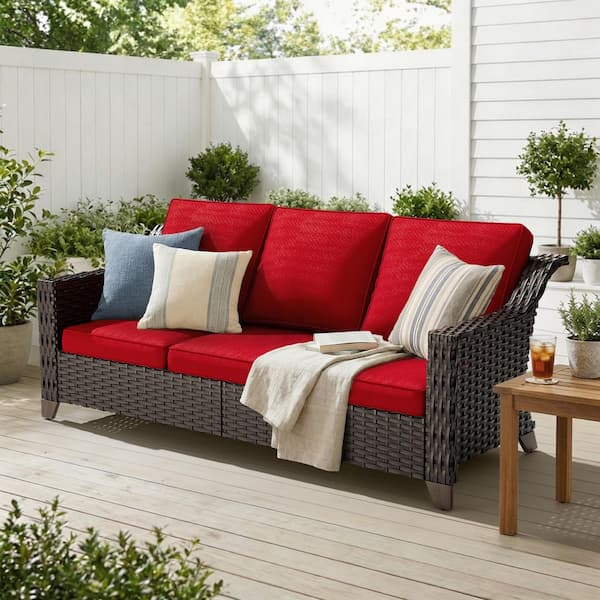 Wicker Outdoor Patio Sectional Sofa with Thick Red Cushions