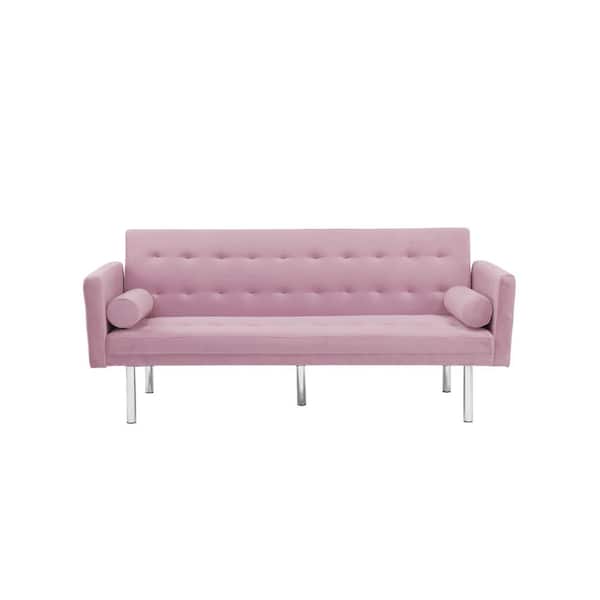 VERYKE 68.5 in. Pink Velvet 3-Adjustable Backrest Sofa Bed Sleeper with 2-Long Pillows
