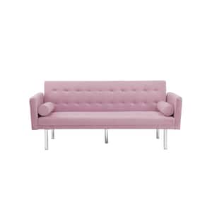 68.5 in. W Square Arm Modern Velvet Accent Straight Sleeper Sofa with Metal Silver Leg For Living Room in Pink