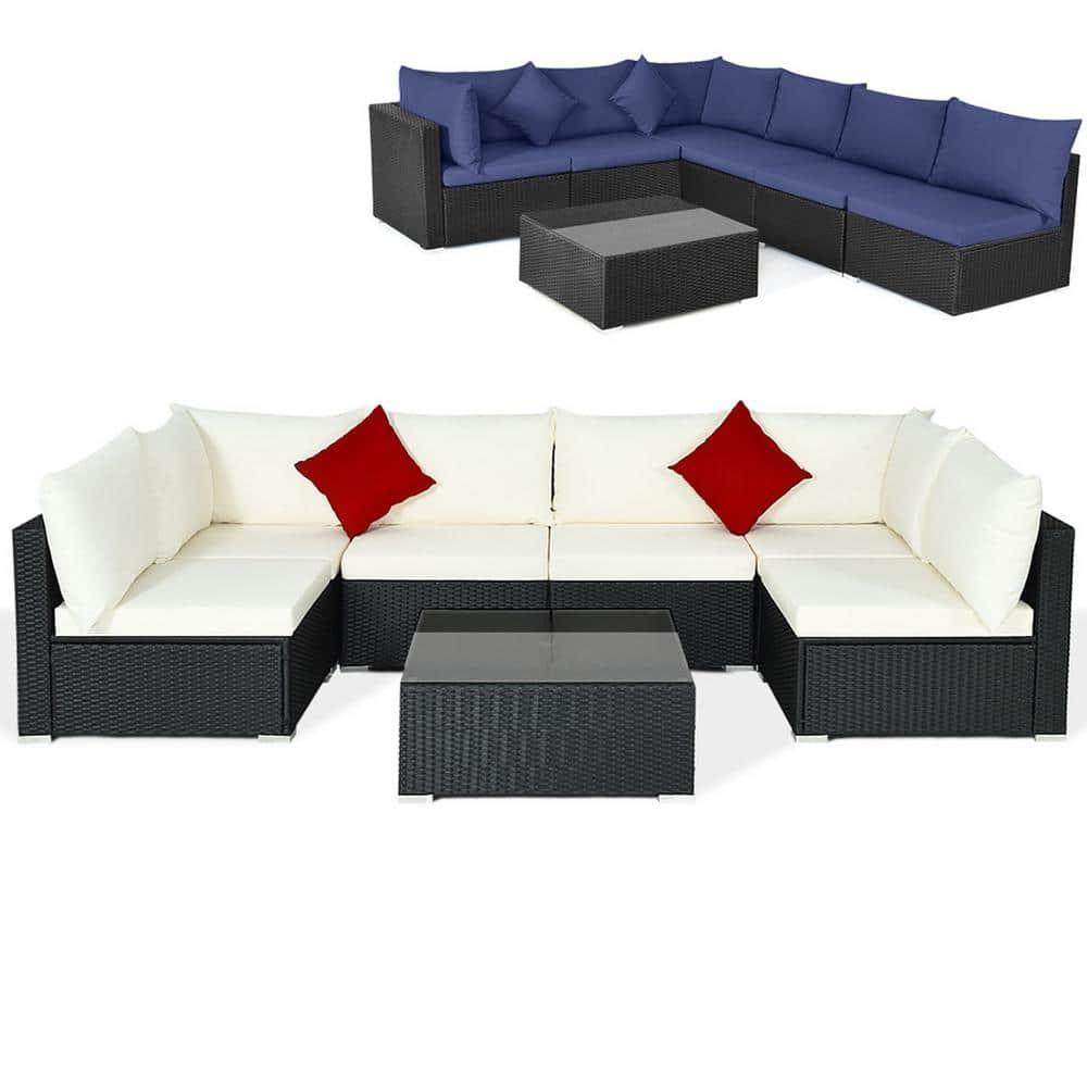 7-Piece Rattan Patio Conversation Set Sectional Sofas with Off White and Navy Cushion Covers -  Costway, HW70659WN+