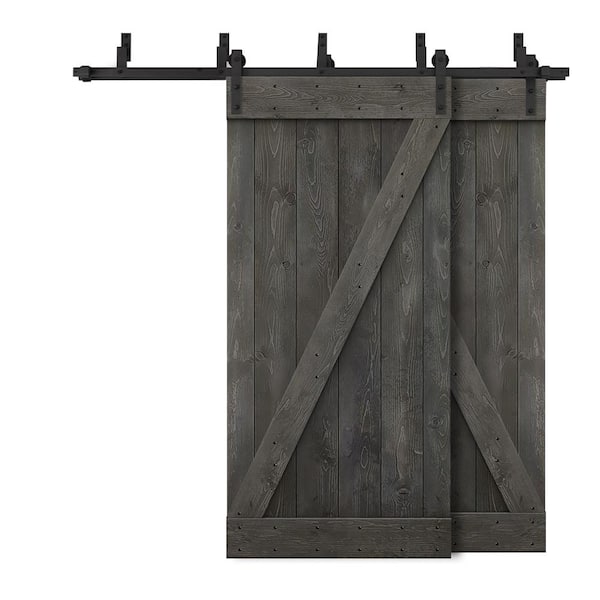 CALHOME 68 in. x 84 in. Z-Bar Bypass Carbon Gray Stained DIY Solid Wood Interior Double Sliding Barn Door with Hardware Kit