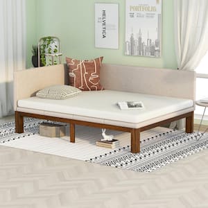 Beige Full Size Upholstered Daybed with Wood Frame