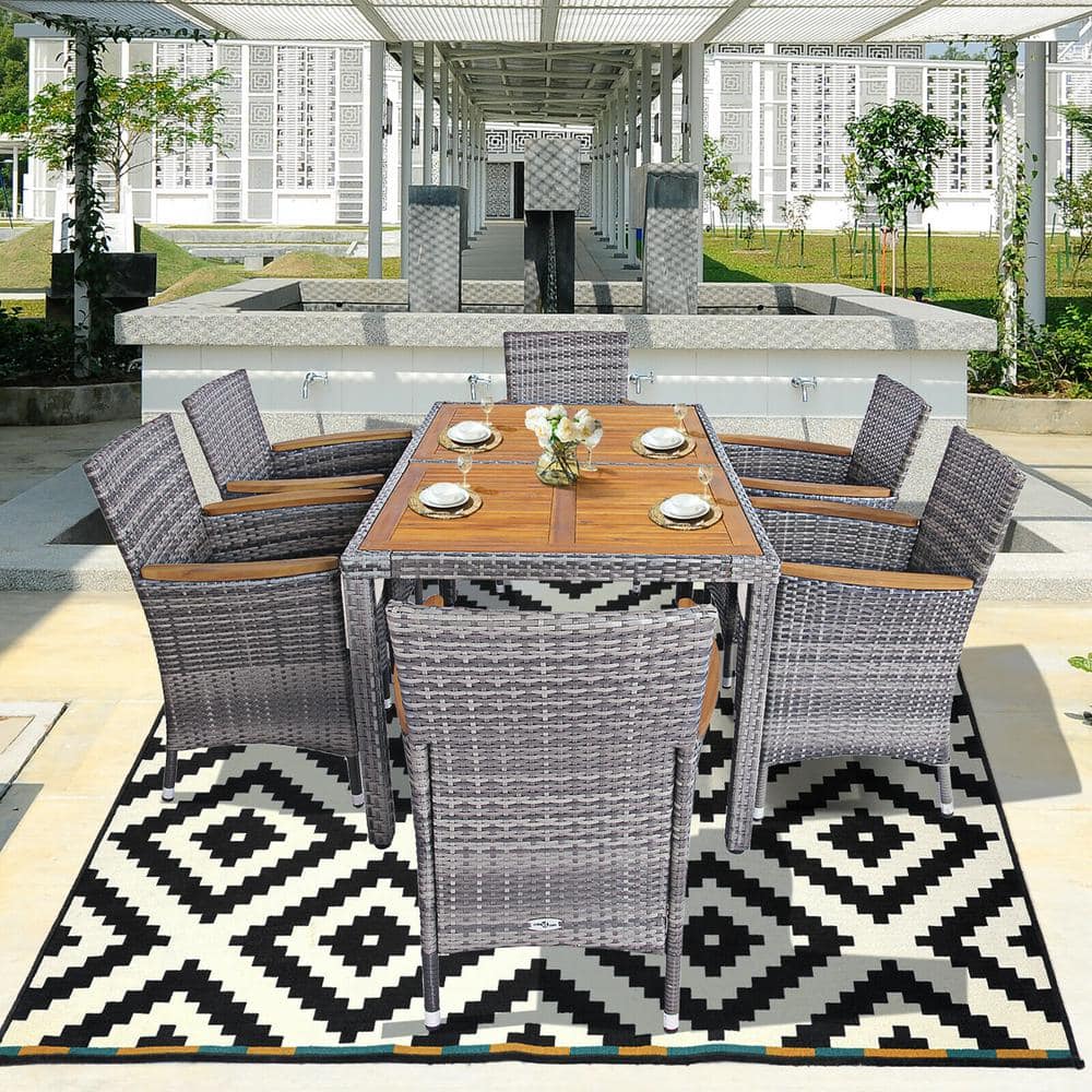 Gray and Beige 6-Person Rattan Dining Set with Acacia Wood Table