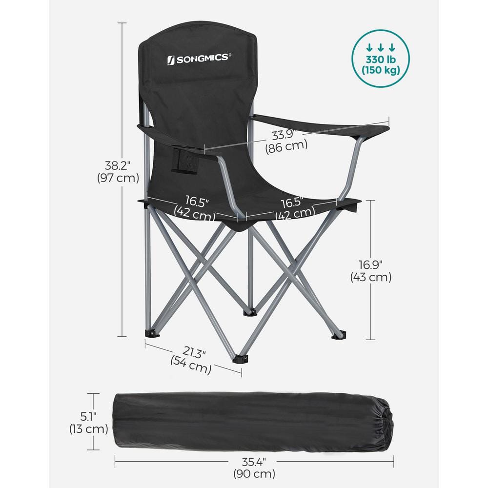 Set of 2 Black Folding Camping Chairs with Cup Holders