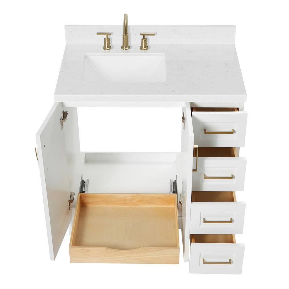 White Quartz Single Basin Freestanding Vanity with Gold Hardware