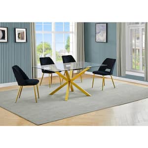 Tom 5-Piece Rectangle Glass Top With Gold Stainless Steel Table Set, Seats 4-Black Velvet Chair.