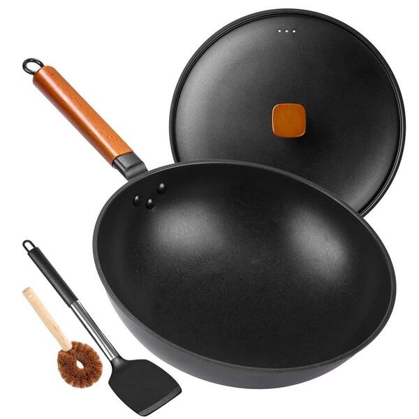 13 in. Carbon Steel Wok Pan, Woks & Stir-Fry Pans Nonstick with Spatula, Flat Bottom Wok for Induction and Gas Stoves