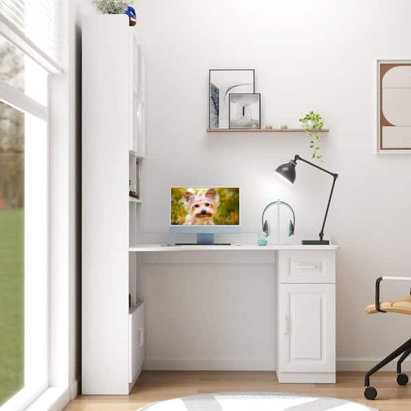 55 in. 2-in-1 L-Shaped White Corner Computer Desk with Drawers