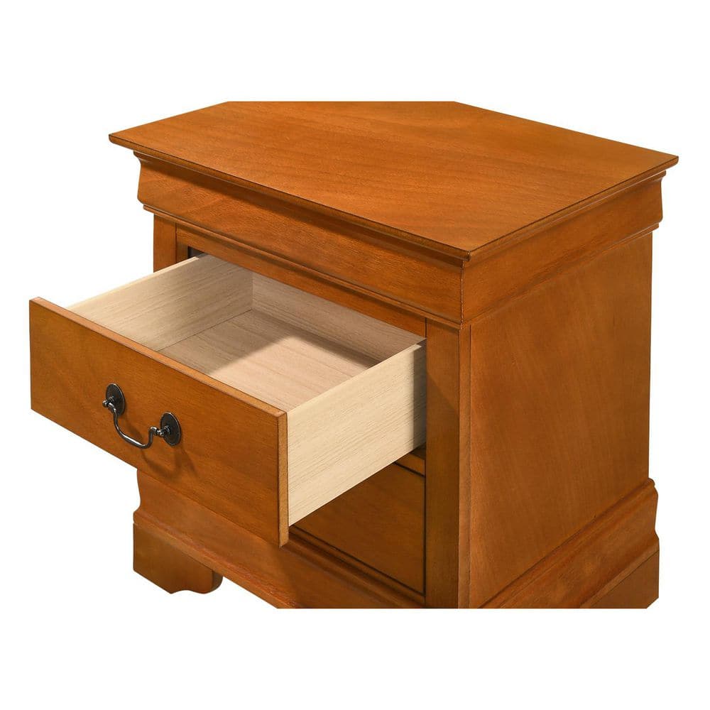 Burgundy nightstand with the top drawer pulled open.