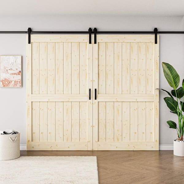 96 in. x 84 in. Paneled H Shape Solid Core Pine Unfinished Wood Sliding Barn Door Slab with Hardware Kit and Soft Close