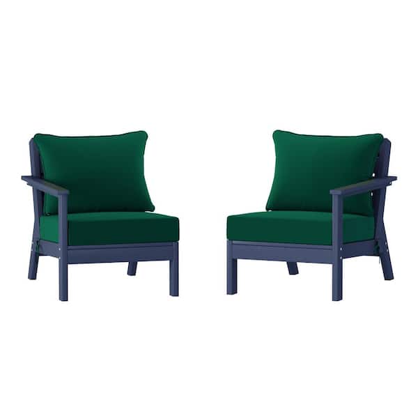 WESTIN OUTDOOR Birchwood Navy Blue Arrangeable Outdoor Patio 2-Piece Deep Seating HDPE Loveseat Arm Chair Set with Green Cushions