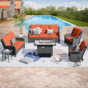 Mercury Gray 6-Piece Wicker Patio Rectangle Fire Pit Conversation Seating Set with Orange Red Cushions