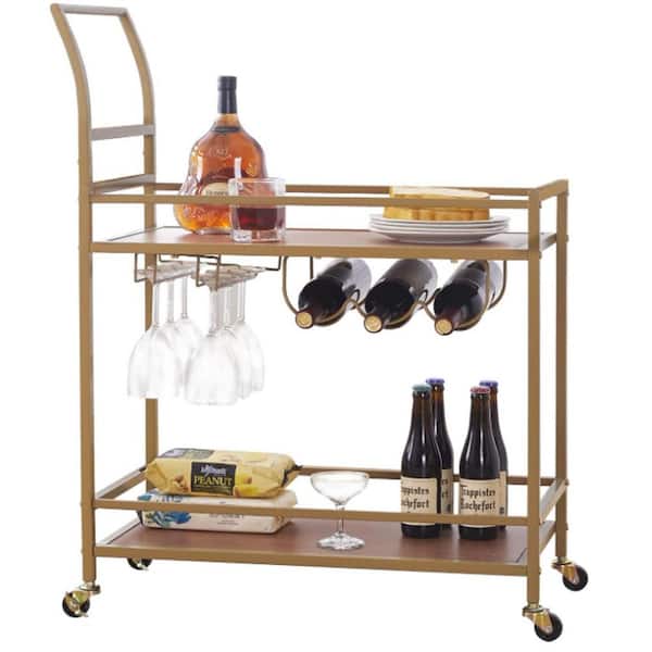 Unbranded 31.5 in. Gold Wood Kitchen Cart with Wheels, Handle, Metal Wood Wine Rack Storage, Glass Bottle Holder for Kitchen, Club
