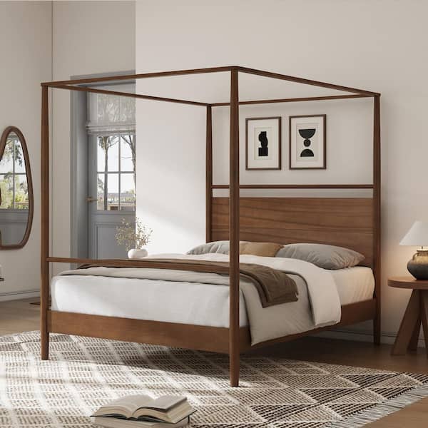 Walnut Wood Frame Queen Size Canopy Bed, 4-Posters Bed