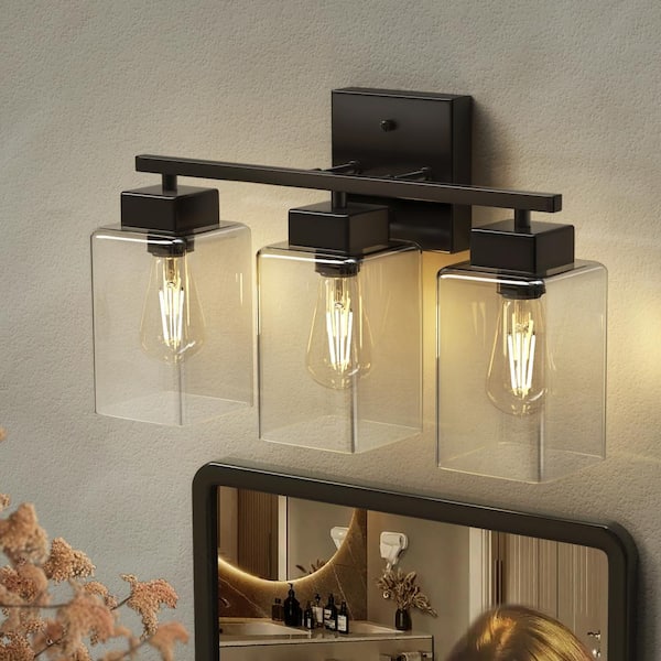 YANSUN 15.75 in 3-Light Matte Black Modern Vanity Light with Square Clear Glass Shade, Wall Lighting Fixtures for Bathroom