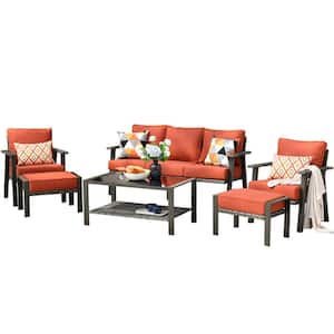 Walden Grey 6-Piece Wicker Metal Outdoor Patio Conversation Sofa Seating Set with a Coffee Table and Orange Red Cushions