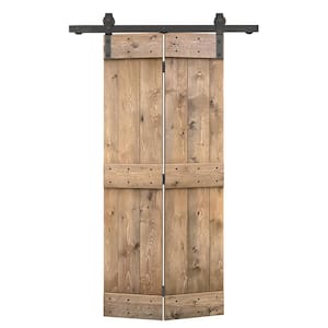 24 in. x 84 in. Mid-Bar Series Solid Core Light, Brown-Stained DIY Wood Bi-Fold Barn Door with Sliding Hardware Kit