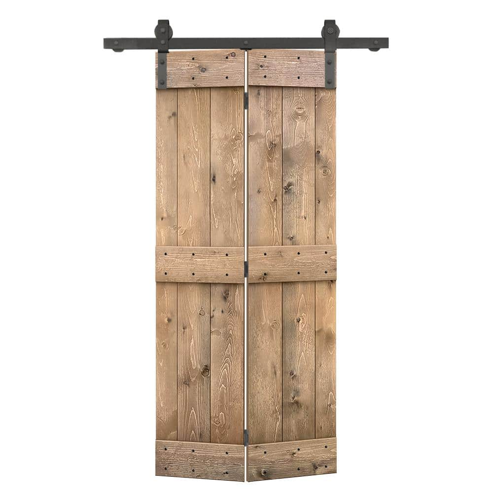 CALHOME 34 in. x 84 in. Mid-Bar Series Light, Brown-Stained DIY Wood Bi-Fold Barn Door with Sliding Hardware Kit