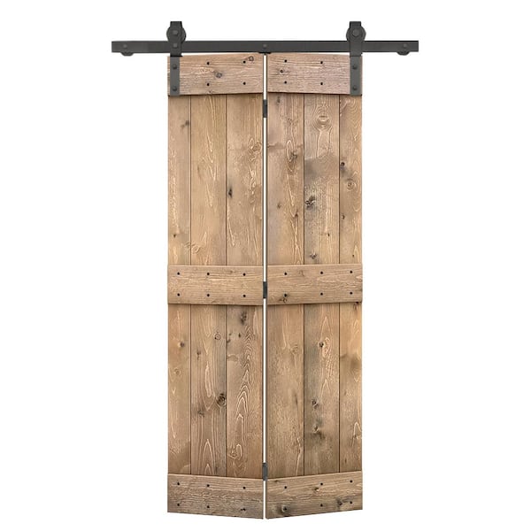 CALHOME 24 in. x 84 in. Mid-Bar Pre Assembled Light Brown Stained Wood Solid Core Bi-Fold Barn Door with Sliding Hardware Kit
