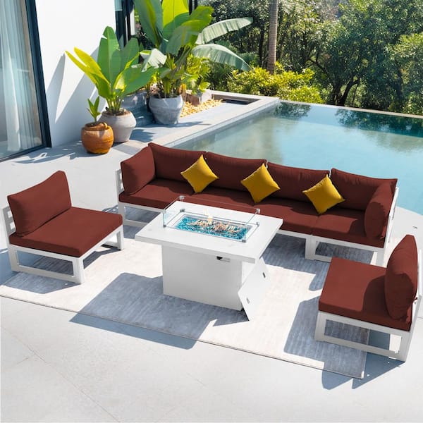 Unbranded 7-Piece White Aluminum Outdoor Conversation Set Deep Seating Patio Furniture with Fire Pit Table and Red Cushions