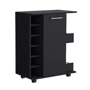 25.82 in. Black Wood Kitchen Cart with 6-Built in Bottle Racks, Casters and 2-Open Side Shelves