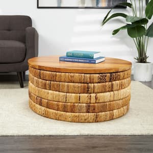 33 in. Brown Medium Round Wood Handmade Linear Wrapped Coffee Table with Teak Wood Top