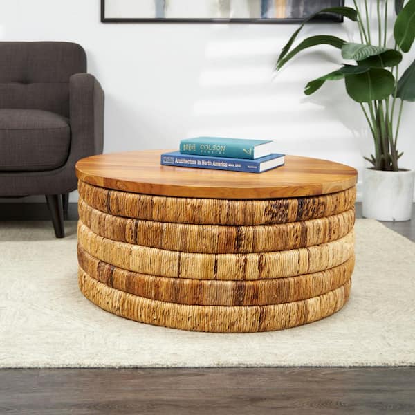 Litton Lane 33 in. Brown Medium Round Wood Handmade Linear Wrapped Coffee Table with Teak Wood Top