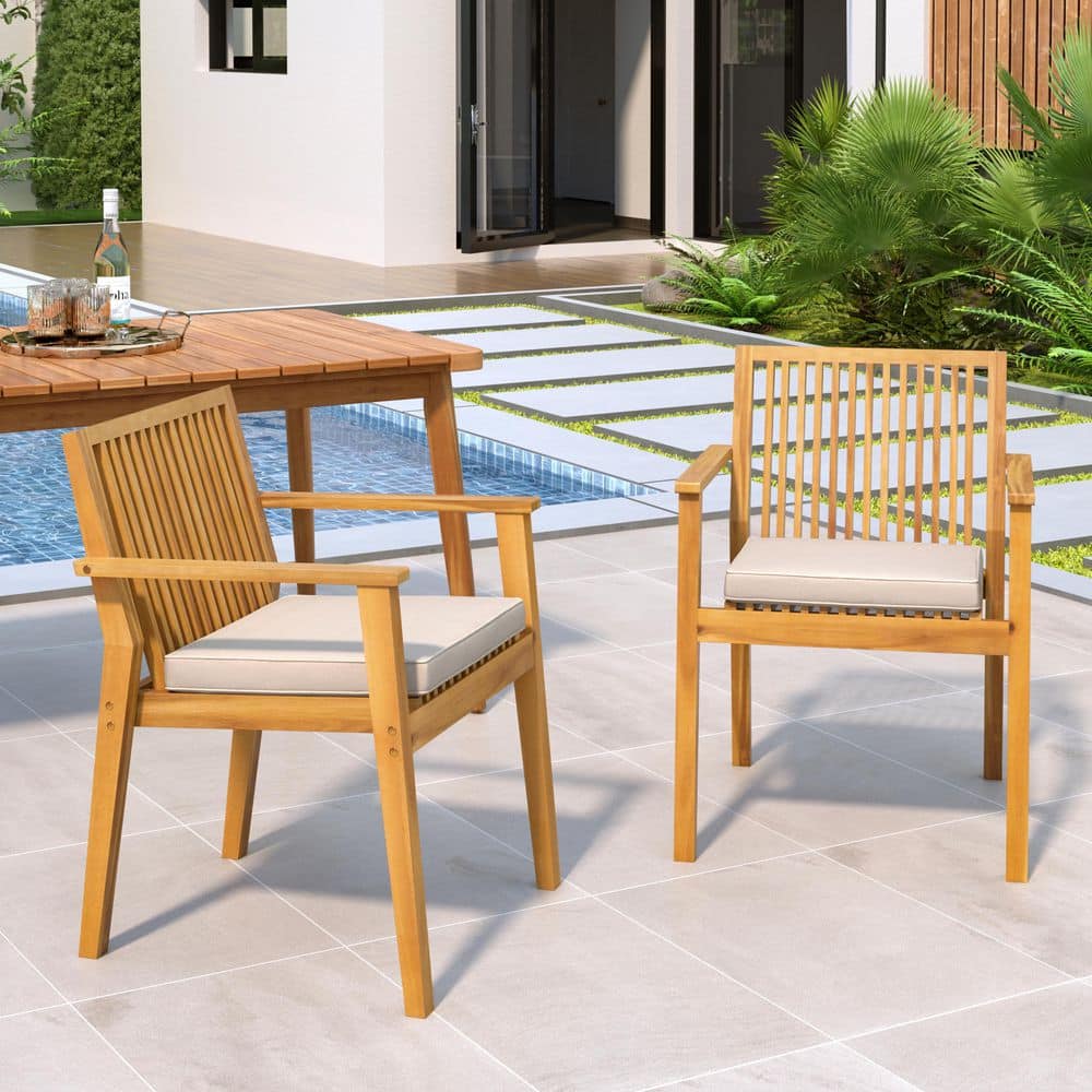 Yellow Acacia Wood Outdoor Dining Chair with Beige Cushion (2-Pack) price history on PriceWatchPro