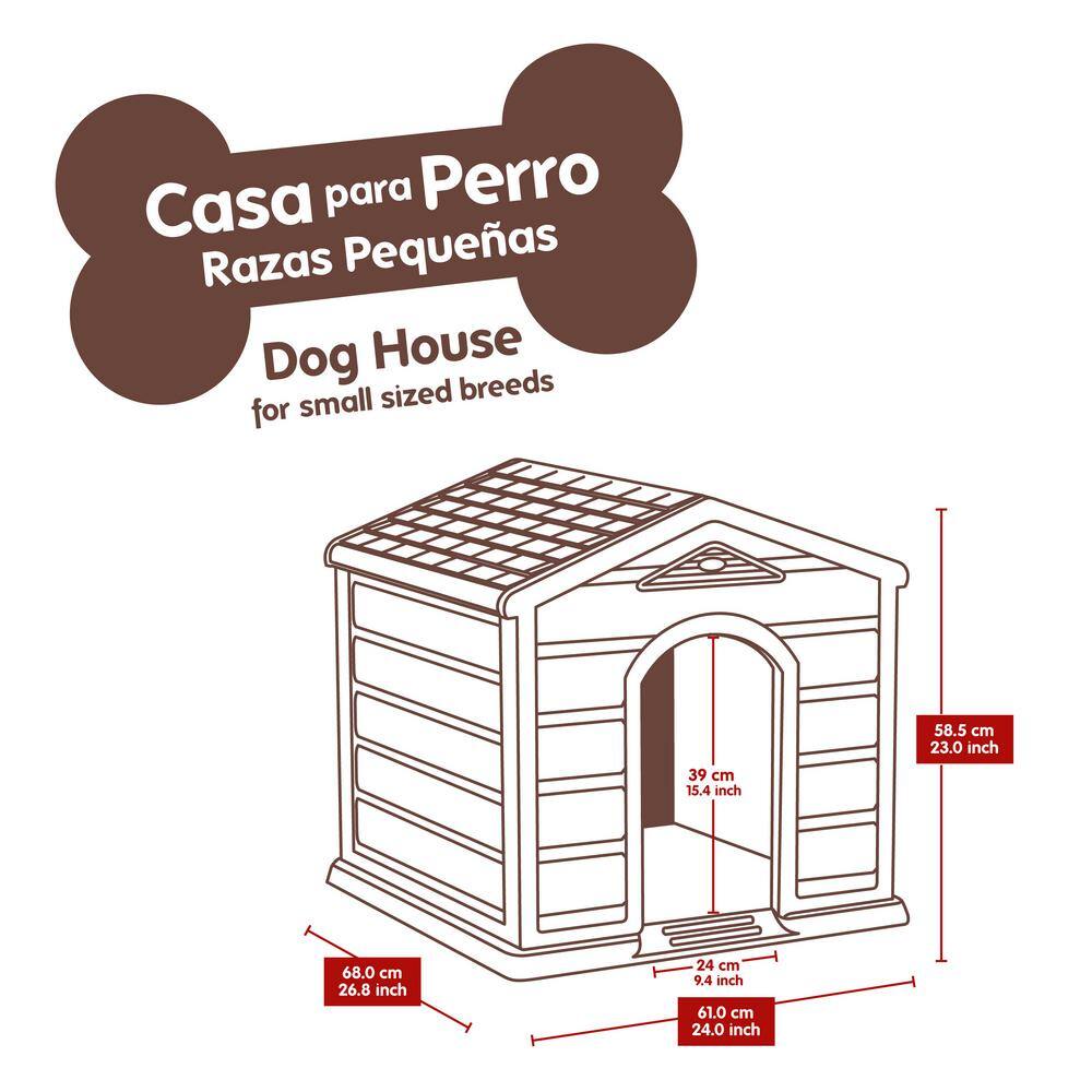 Small Taupe and Black Plastic Dog House with Red Roof