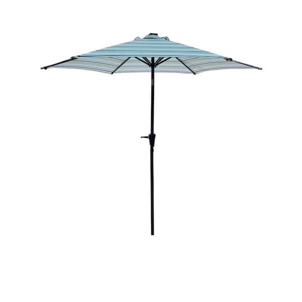 9 ft. Metal Market Patio Umbrella with LED Lights, Push Button Tilt and Crank System in Blue striped