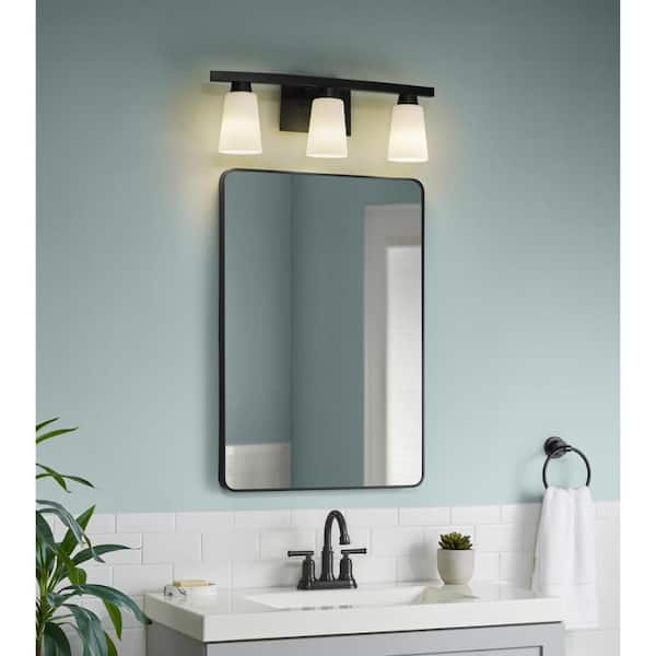 24 in. KESTLE 3-Light Black Vanity Light with Night Light Mode, E26 Incandescent or LED Bulb, White Frosted Glass Shade