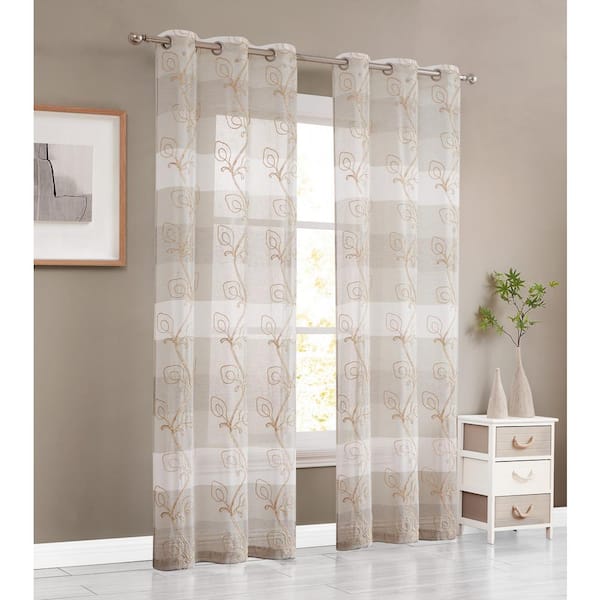 Dainty Home Silvia 76 in. W x 96 in. L Embroidered Sheer Floral Window Curtain in Linen
