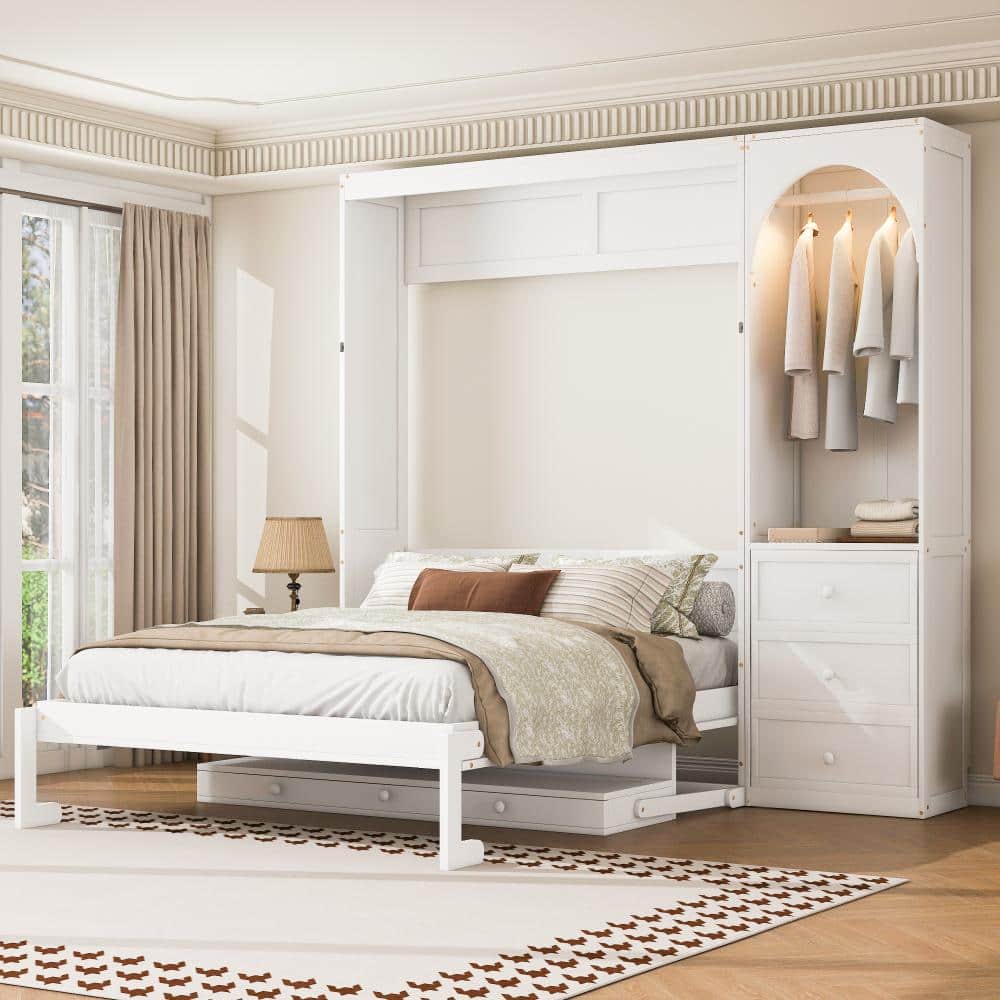 White Wood Frame Queen Size Murphy Bed with Stoarge Shelf, LED Light, 3 Drawers, Closet Rod price history on PriceWatchPro