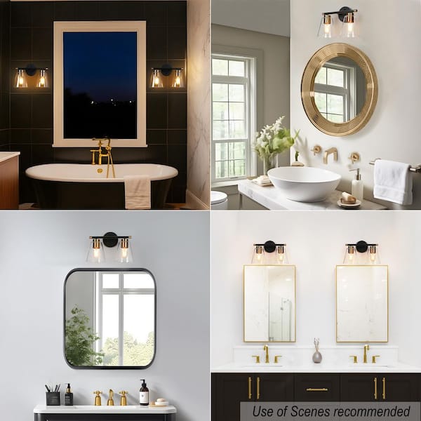 Transitional Bathroom Vanity Light, 13.8 in. Modern 2-Light Black and Gold Powder Room Wall Light with Clear Glass Shade
