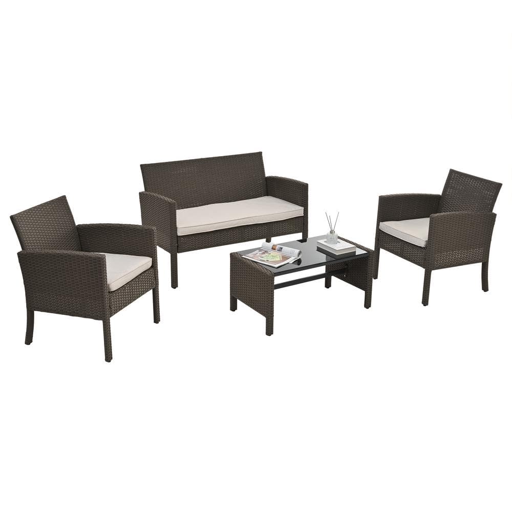4-Piece Brown PE Ratten Wicker Patio Outdoor Conversation Set with Beige Cu