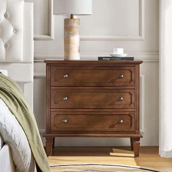 Leandro Walnut 3 Drawer 28.3 in. W Nightstand with Built-in Outlet and Solid Wood Legs
