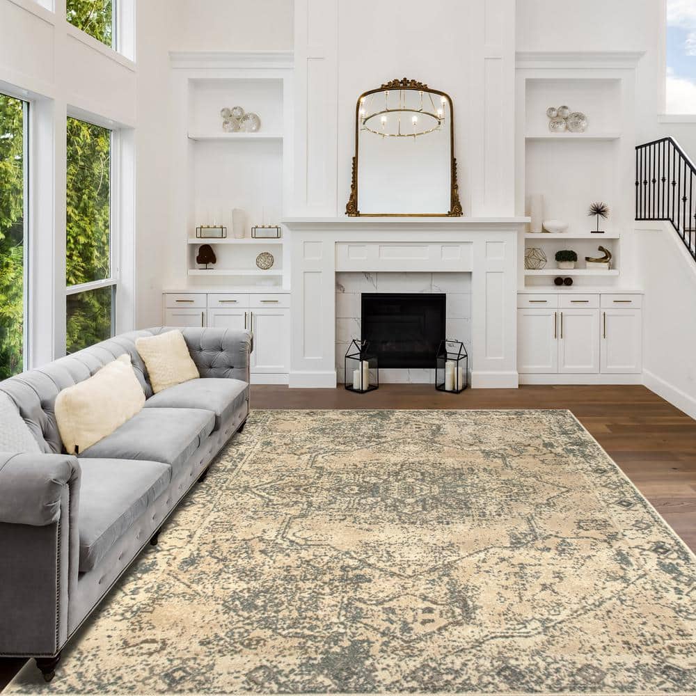 Ivory Medallion Easy-Care Polypropylene Area Rug, 7' 10" x 10'