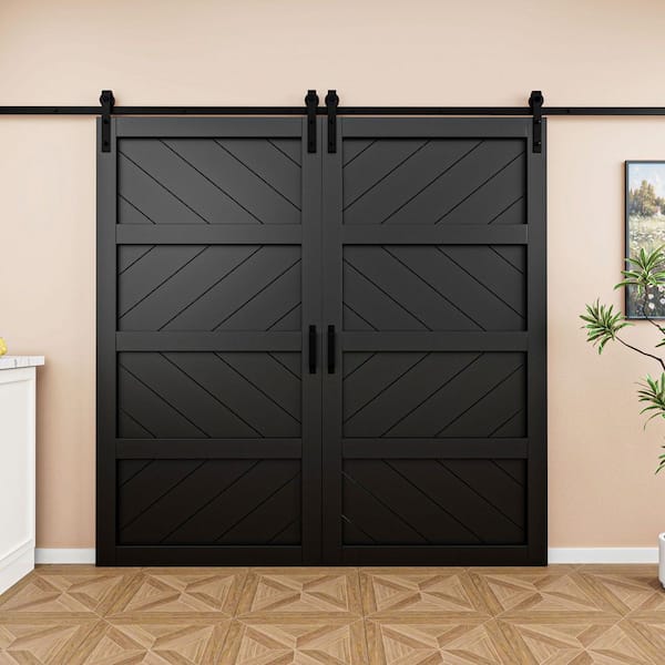84 in. x 84 in. Black Finished 4-Lite Wave Pattern Style MDF Sliding Barn Door with Hardware Kit