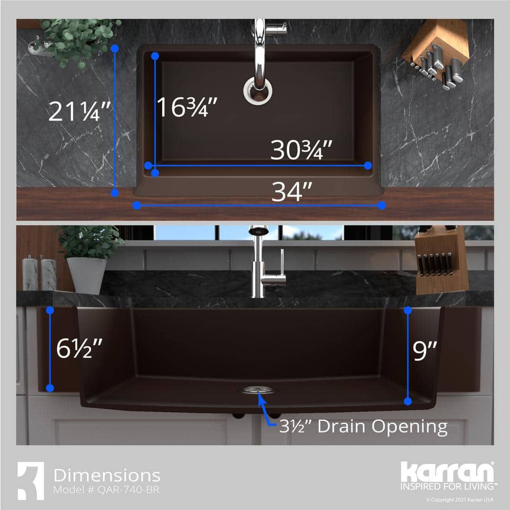 Karran Brown Quartz 34'' Single Bowl Farmhouse Kitchen Sink Kit