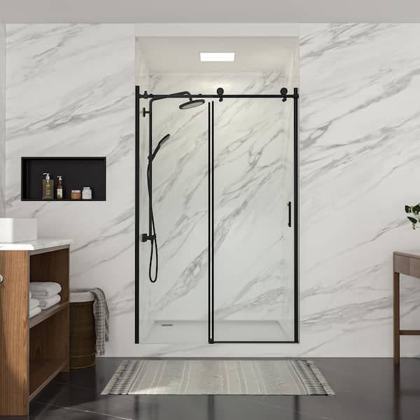 LORDEAR 48 in. W x 76 in. H Frameless Single Sliding Shower Door/Enclosure in Matte Black with Clear Glass