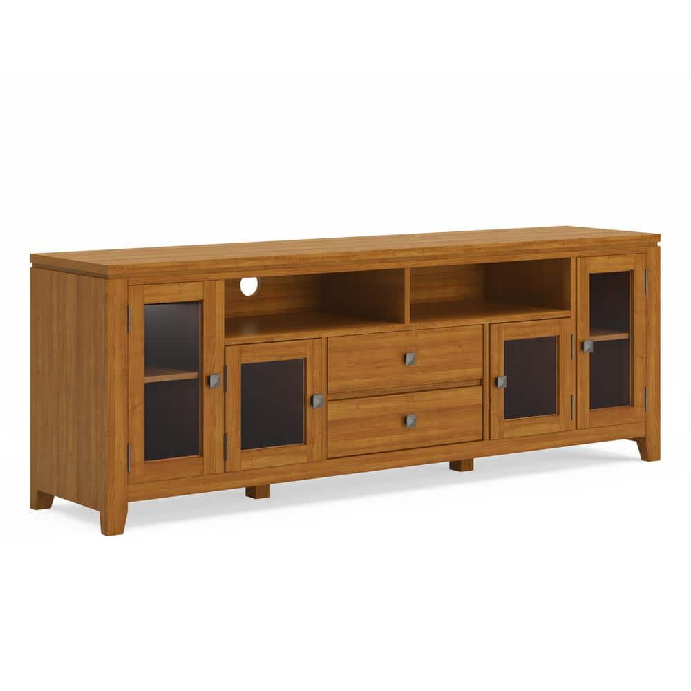 Transitional Solid Pine TV Stand in Light Golden Brown with Storage