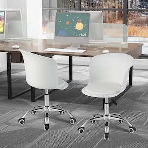 Set of 2 Faux Leather Seat Adjustable Office Ergonomic Chairs in White Swivel Desk Chair with No Arms