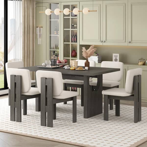 Harper & Bright Designs 7-Piece Rectangle Gray MDF Top Dining Set Seats 6 with 6-Beige Linen Upholstered Chairs