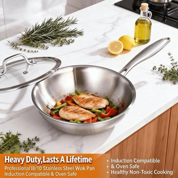 UUDULY 2-Piece 10 in. Tri-Ply Stainless Steel Deep Wok Pan with