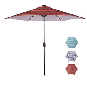 8.6 ft. Red With Striped Steel LED Round Stylish Outdoor Patio Market Umbrella with Button Tilt and Crank System