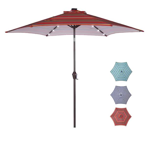 Unbranded 8.6 ft. Red With Striped Steel LED Round Stylish Outdoor Patio Market Umbrella with Button Tilt and Crank System